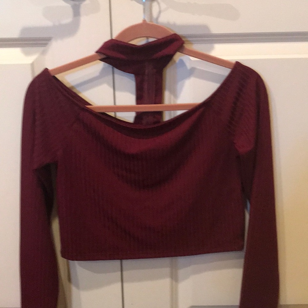 Collared Ruby Red Long Sleeve Crop Top
